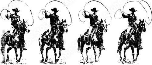 Cowboy riding horse with lasso, vintage western silhouette, wild west cowboy action scene