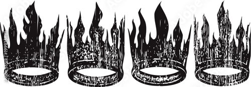 Four black flames crowns, vintage illustration, burning fire elements, medieval royal symbols