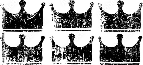 Set of six grunge black crowns in vintage distressed texture design