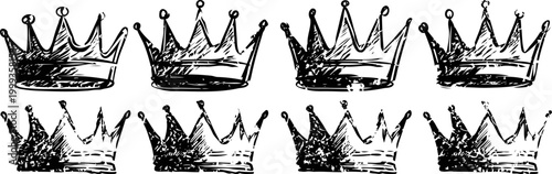 Set of eight vintage hand drawn black ink crowns with pointed tips and ornate details