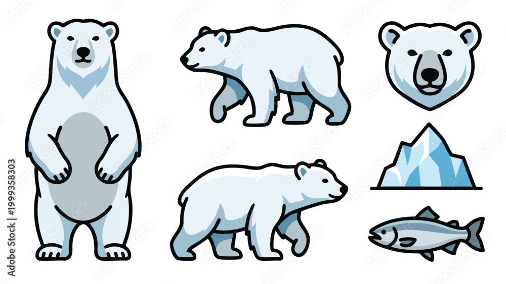 Obraz premium Polar bear icon set with walking standing head fish and iceberg