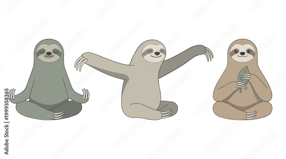 Fototapeta premium Sloth Character Collection Doing Yoga Meditation Stretching and Holding Leaf, Slow Life Concept Cute Tropical Animal Wellness Vector Illustrations