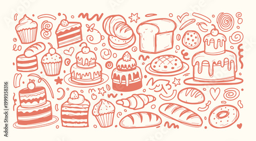 Artisan bakery and celebration cake doodle set with bread loaf croissant and donut line art
