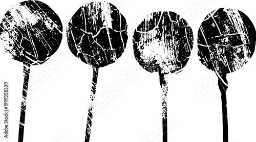 Grunge textured lollipops set abstract distressed candy silhouettes with rough cracked surfaces
