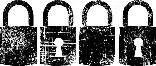 grunge padlock icons set with scratches, distressed vintage design in black