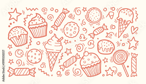 Playful sweets and candy doodle art with cupcake ice cream cookie and lollipop line illustration