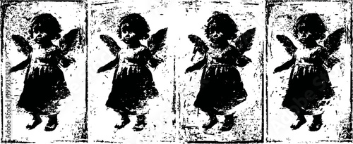 Vintage angel illustration in black and white, four panel repeated silhouette design
