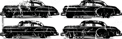 Vintage classic car silhouettes with distressed texture set in four different side profiles