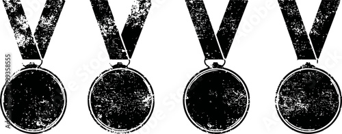 Grunge medal icons with ribbons, four distressed award badges in black silhouette design
