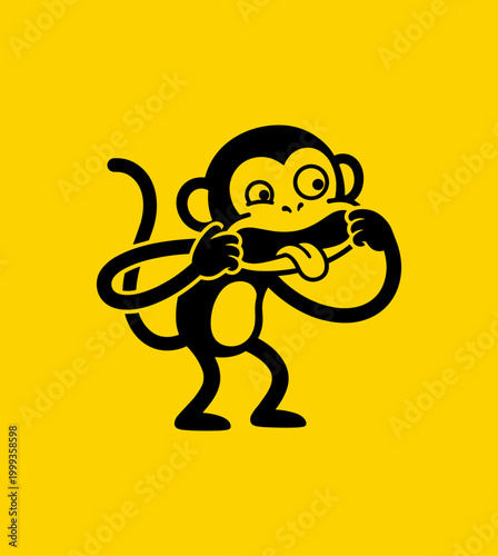 Funny Monkey Making Faces Icon Isolated on Yellow Background, Silly Primate Character Sticking Out Tongue and Pulling Ears Vector Illustration
