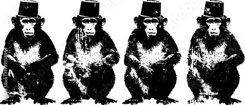 four monkeys wearing black top hats sitting in a row against a white background