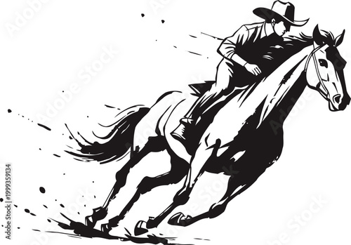 Dynamic cowboy riding fast galloping horse in action and motion sketch illustration