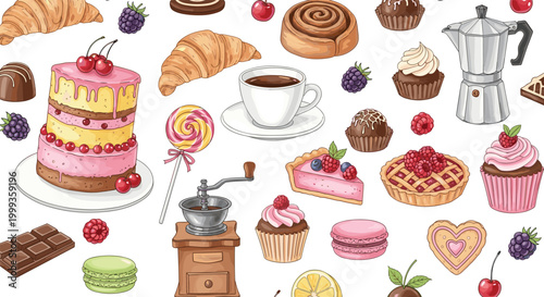 Colorful Bakery and Dessert Collection Vector with Cake Cupcake Macaron Croissant Coffee Pie and Sweet Food Elements