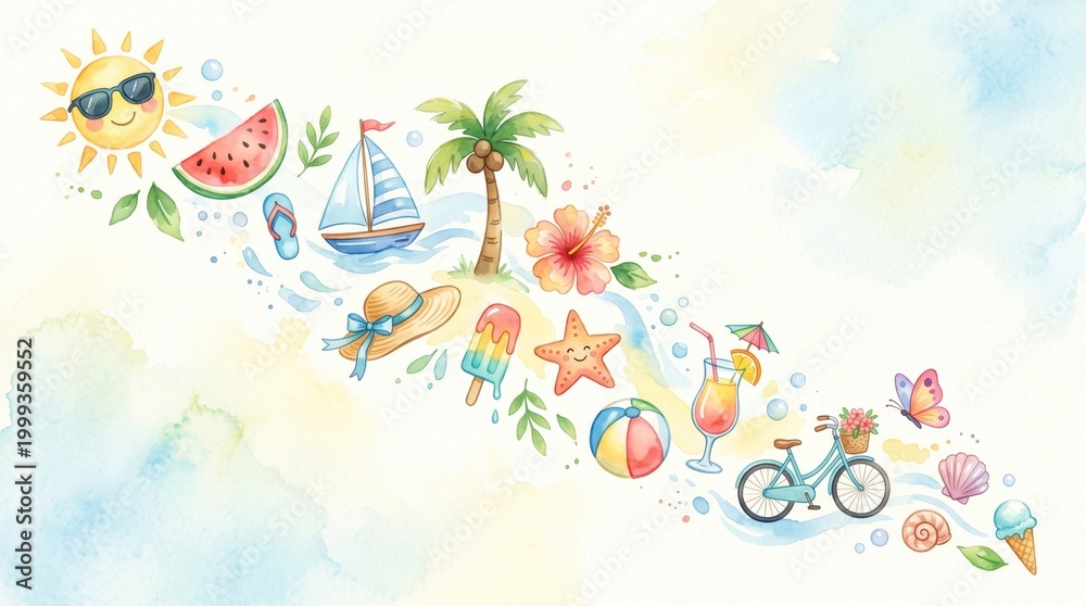 Fototapeta premium Cheerful summer items for a perfect vacation with sun, sea, and tropical fun