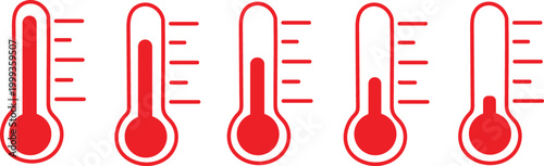 Red Outlined Thermometer Icon Set for Heat Alerts and Fever Indicators
