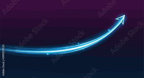 Glowing neon arrow swoosh upward curve light trail motion effect futuristic energy streak dynamic direction growth concept vector illustration