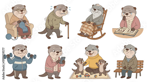 Elderly Otter Character Activities Collection, Senior Animal Life Scenes, Retirement and Aging Concept, Knitting, Exercising and Family Time Vector Art