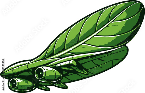 Spinach leaf shaped like a futuristic aircraft with engines and wings, organic design fused with technology, vector illustration