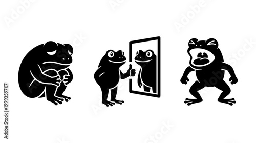 Set of Black Frog Silhouettes Expressing Different Emotions such as Sadness Self Confidence in Mirror and Angry Scream Vector Isolated Icons