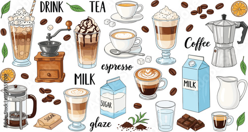 Colorful Coffee and Tea Collection Vector with Moka Pot Grinder French Press Milk Latte Espresso and Cafe Elements