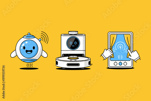 Modern Smart Home Technology Icons Set with Intelligent Robot Vacuum Cleaner Floating AI Assistant and Smart Window Curtain Control App Interface
