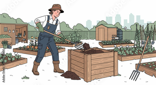 Gardener working in urban community garden, composting organic waste for soil enrichment