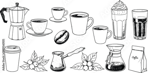 Black and White Coffee Elements Collection Vector with Moka Pot Turkish Cup Chemex Bean Plant and Cafe Elements