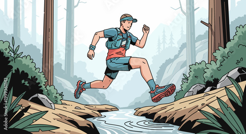 Trail Runner Jumps Over Stream in Forest - Healthy Lifestyle and Outdoor Activity