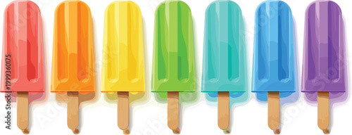 Rainbow colorful popsicles collection glossy frozen ice cream sticks summer dessert set vibrant fruity flavors vector illustration isolated