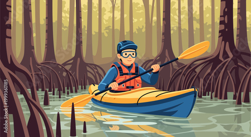 Man kayaking through a dense mangrove forest, enjoying nature and adventure