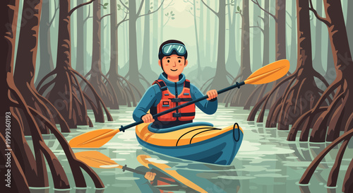 Kayaking Adventure in Mangrove Forest, Man Paddling Canoe Through Roots