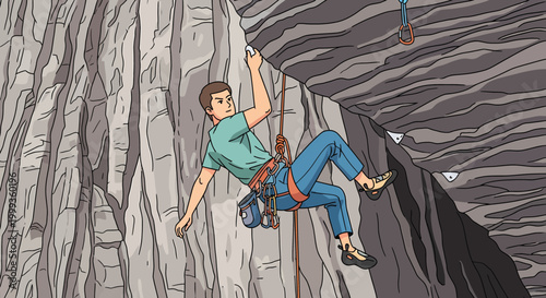 Man rock climbing on a steep cliff face, outdoor adventure and extreme sports