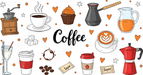 
Colorful Coffee Collection Vector with Grinder Moka Pot Turkish Coffee Latte Cupcake Sugar and Cafe Elements