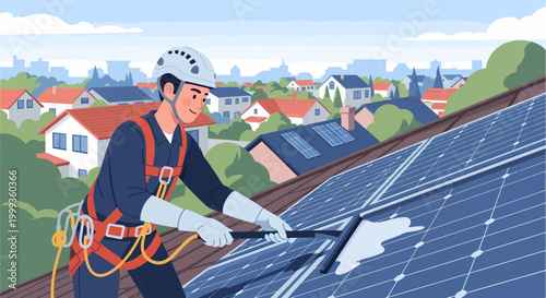 Rooftop solar panel cleaning by technician, renewable energy, city skyline
