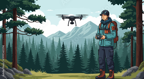 Outdoorsman controlling drone in mountain forest landscape, aerial photography concept