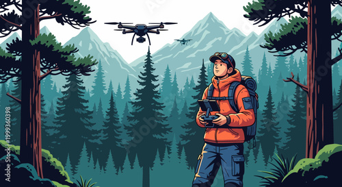 Hiker controlling drone in mountainous forest landscape, exploring nature with technology