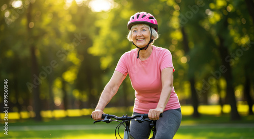 Happy senior woman in a pink helmet riding a bicycle in a park under warm sunlight for an active healthy lifestyle.
