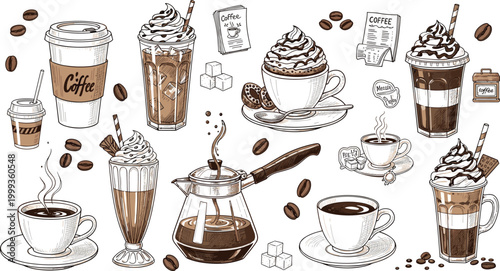 
Vintage Sketch Coffee Collection Vector with Takeaway Frappe Latte Turkish Pot Espresso Menu and Cafe Elements