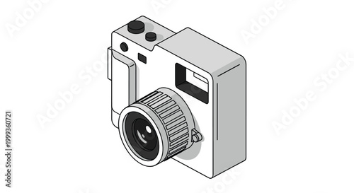 Minimalist isometric illustration of a grey compact camera with a large black lens and several buttons on top.