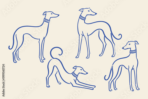 Photos Greyhound dog poses set naive sketch vector illustration