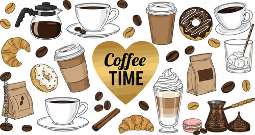 Vintage Coffee Time Collection Vector with Kettle Latte Donut Croissant Macaron Turkish Pot and Cafe Elements