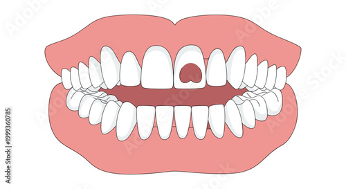 Human mouth showing teeth with a unique heart shaped cavity or decoration on one of the front upper incisors.