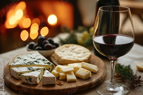 Glass of red wine served with cheese, crackers, and grapes on a wooden board.
