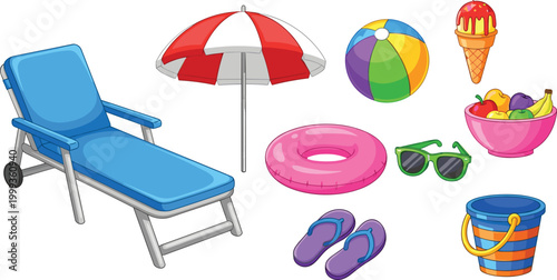 Summer beach vacation items set with sun lounger umbrella ball sunglasses flip flops bucket and ice cream colorful vector illustration