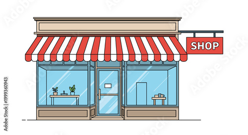 Charming small shop storefront with a red and white striped awning and large glass windows showing indoor plants.