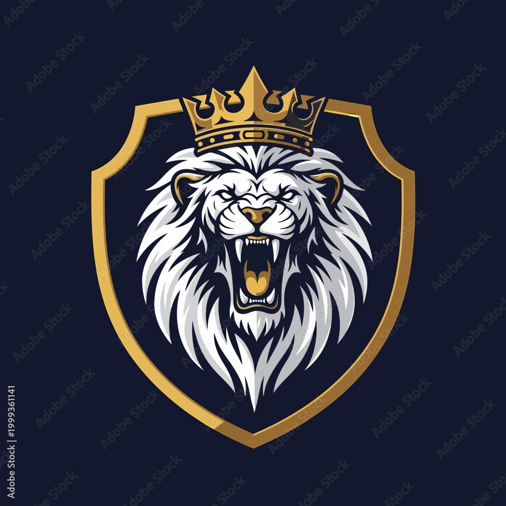 Obraz premium Majestic White Lion King with Golden Crown and Shield Emblem