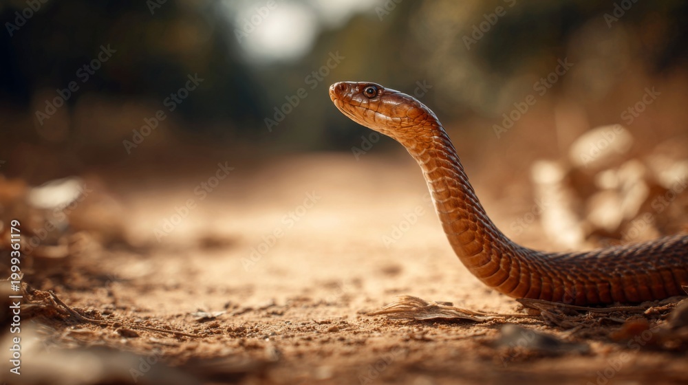 Fototapeta premium Close-Up of a Brown Snake Slithering on a Dusty Path in Natural Environment