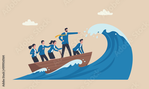 Courage crisis, challenge or risk taker concept, businessman captain point finger to lead team sailing boat to survive wave storm