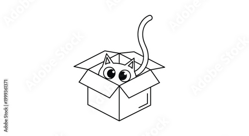 Black and white line art of a curious cat peering out of an open cardboard box with its long tail sticking straight up.