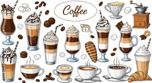 Vintage Coffee Drinks Collection Vector with Latte Cappuccino Frappe Mocha Croissant Beans and Cafe Elements